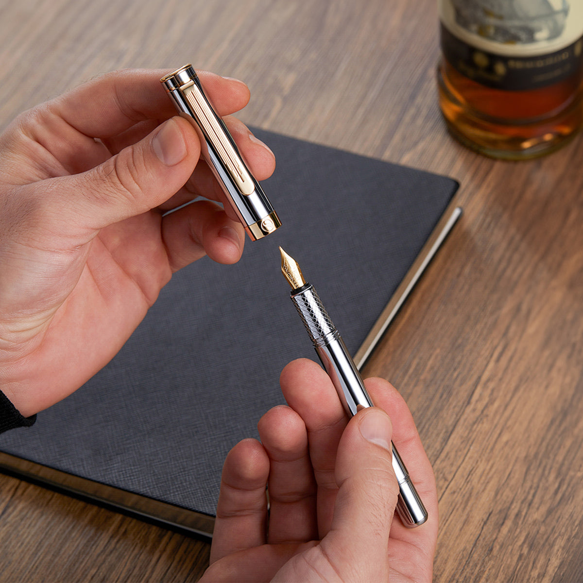 Scriveiner Pocket Pen Silver Gold Fountain Pen - Fine Nib